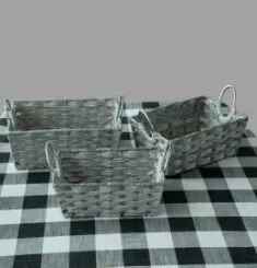 Set of three rectangular pp vine storage baskets with round handles