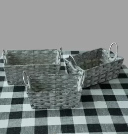 Set of three rectangular pp vine storage baskets with round handles