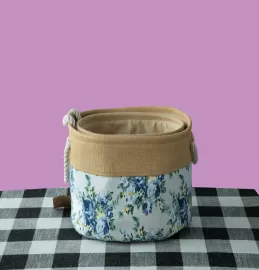 Set two round EVA cloth basket, the upper section of gunlap cloth, the lower section of printed floral, with cotton rope handle